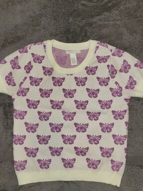 Full Tilt Cream Knit Top with Purple Butterfly Print